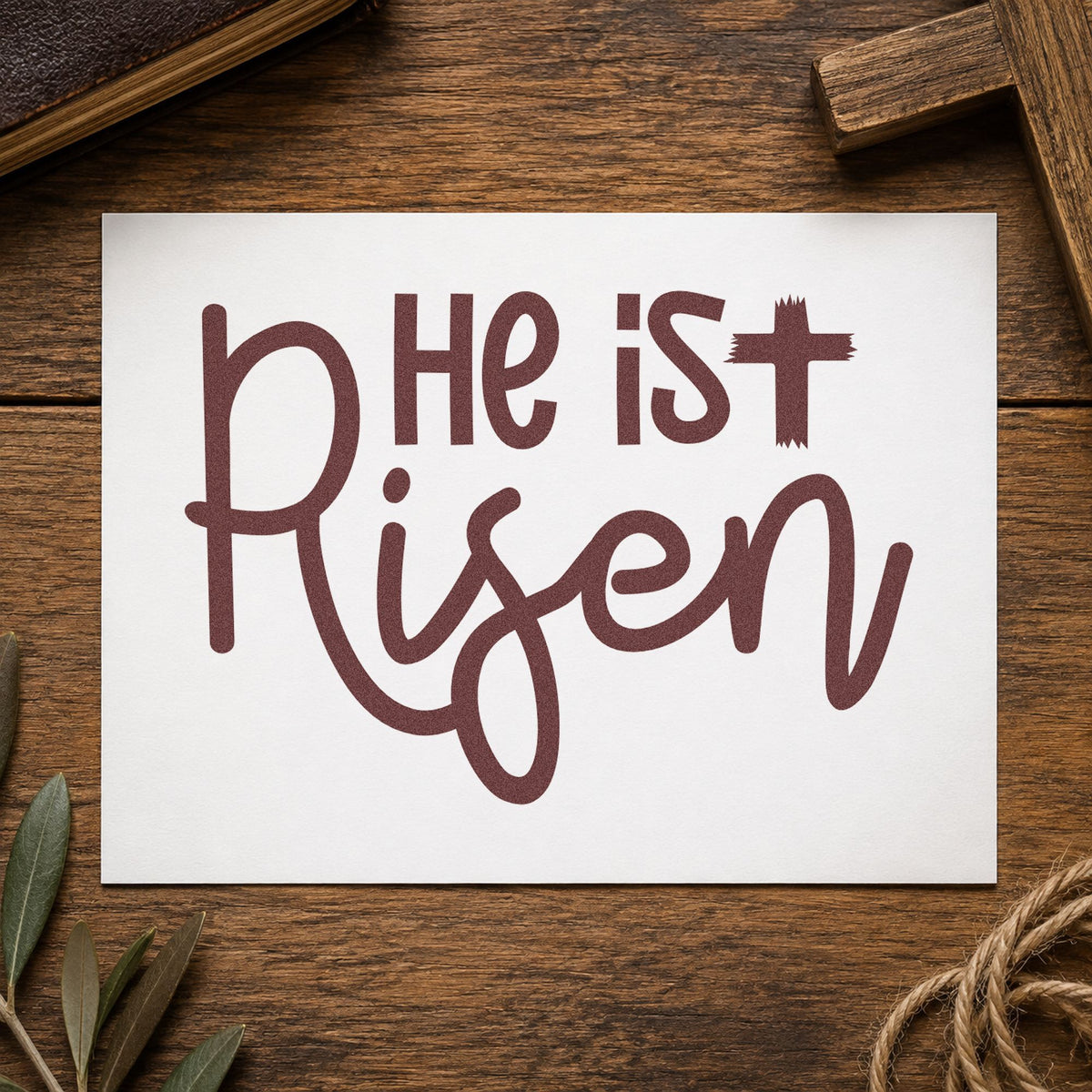 He Is Risen Script rubber stamp printed in brown ink, ready for easter morning pages and similar paper crafts.