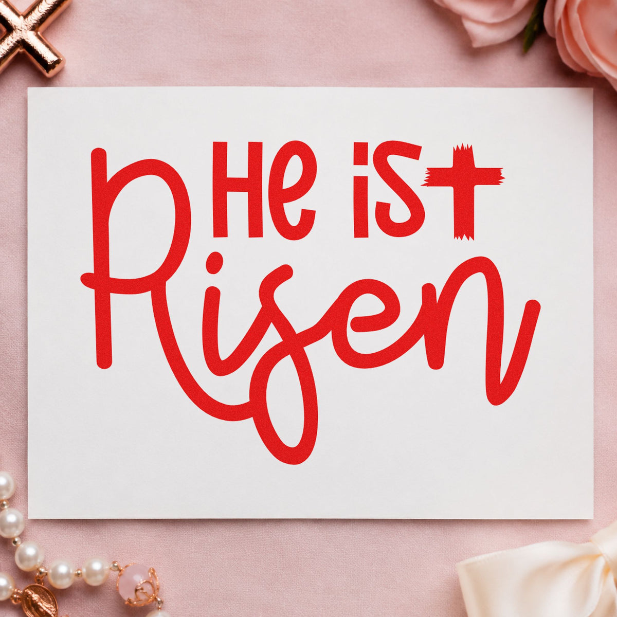 He Is Risen Script rubber stamp shown in red ink, stamped for projects such as brunch menu headers.