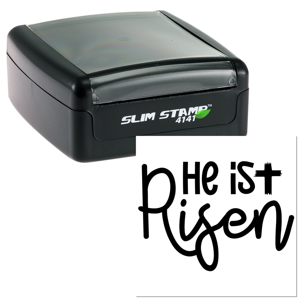 Black Slim Stamp 4141 self-inking stamp with clear lid and He Is Risen seal on white background.