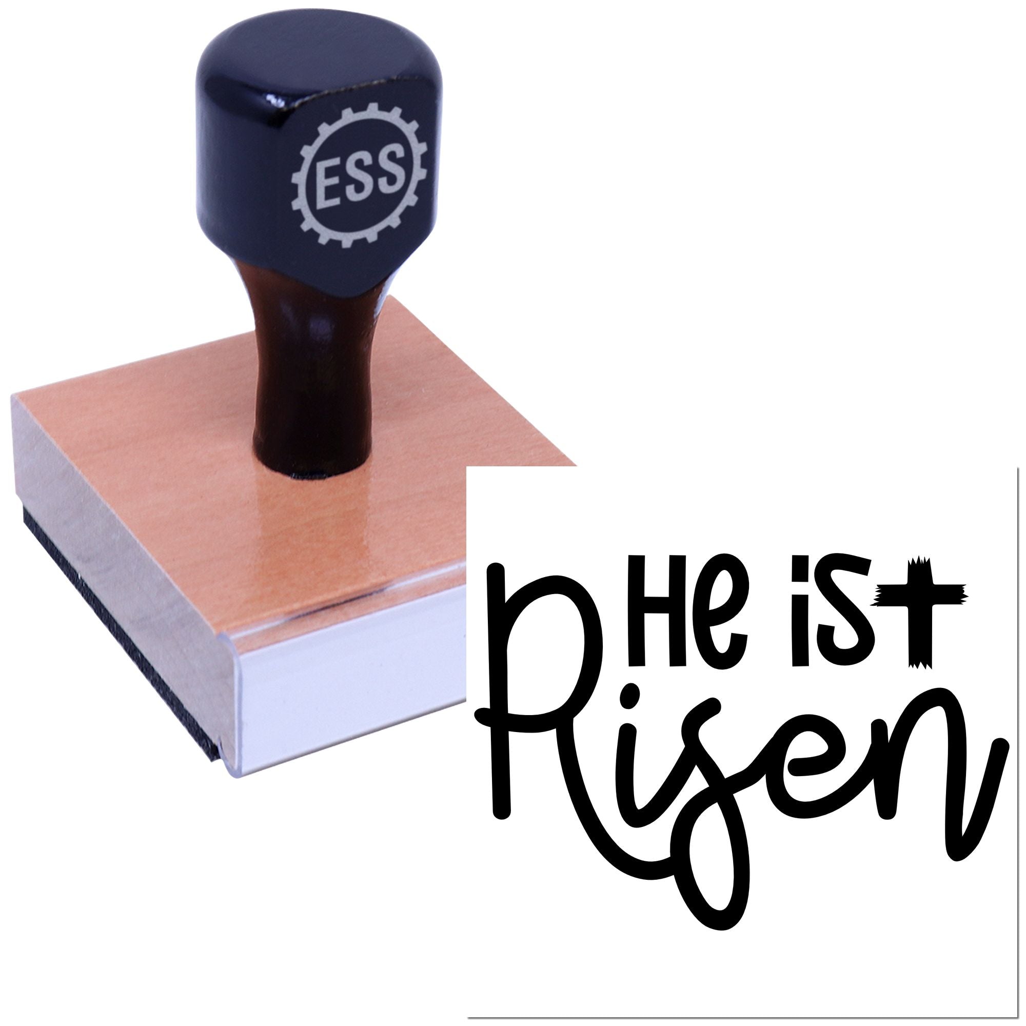 Black ESS stamp seal on copper base, paired with bold He Is Risen lettering on a white background.