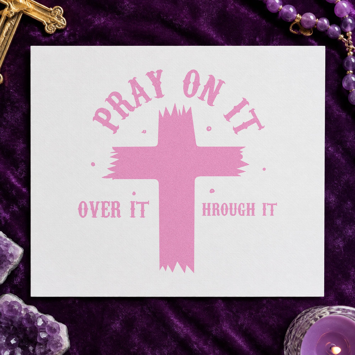 Pray on It Brush Cross craft stamp in purple ink on cardstock, an easy option for prayer room signs.