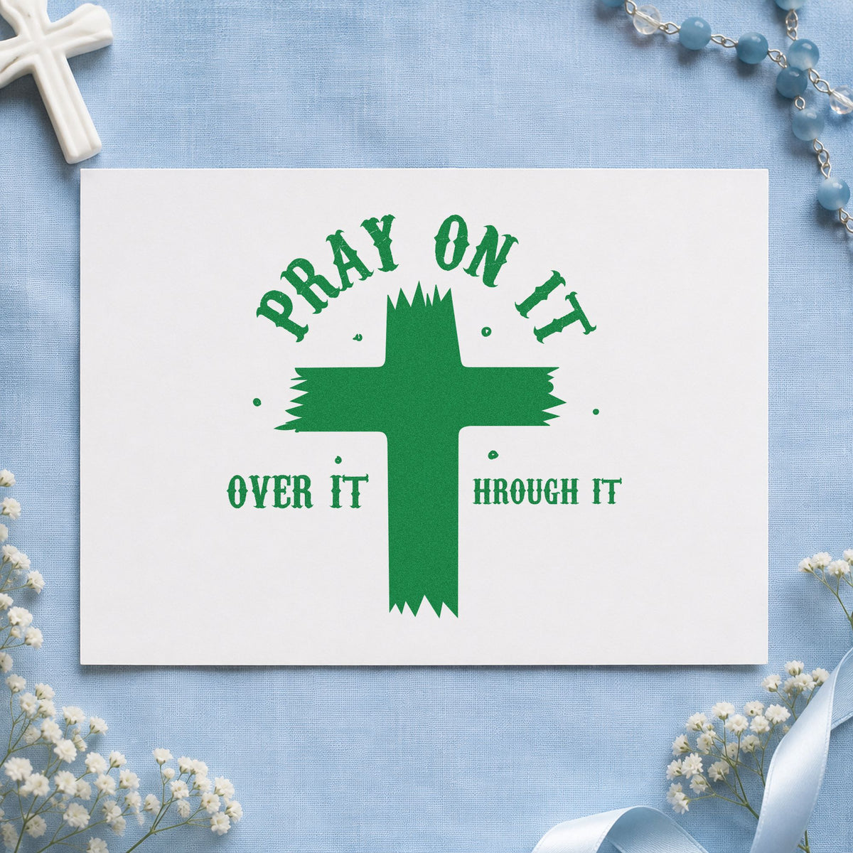 Pray on It Brush Cross craft stamp imprint in green ink on a handmade project, one idea being small group handouts.
