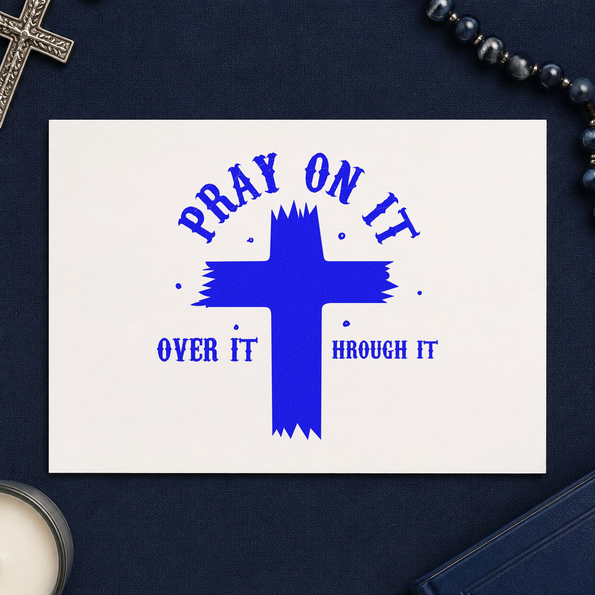 Pray on It Brush Cross craft stamp in blue ink on cardstock, an easy option for tee transfers.