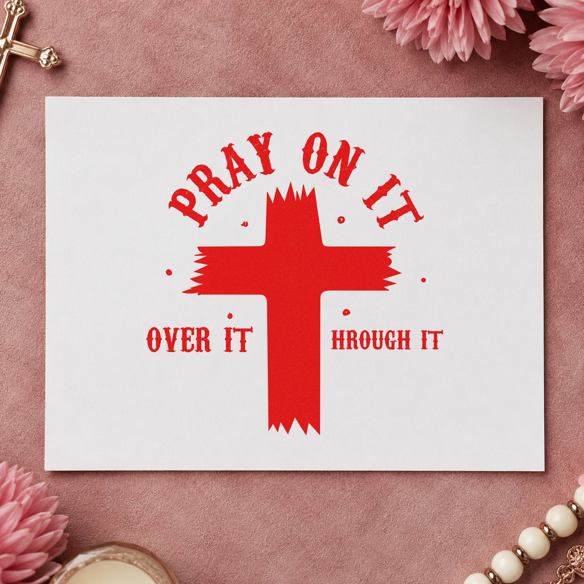 Pray on It Brush Cross rubber stamp shown in red ink, stamped for projects such as journal cover stamping.