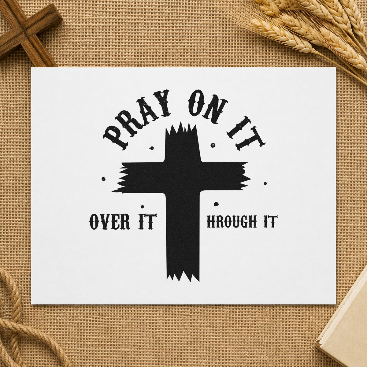 Pray on It Brush Cross rubber stamp printed in black ink, ready for arched prayer cards and similar paper crafts.