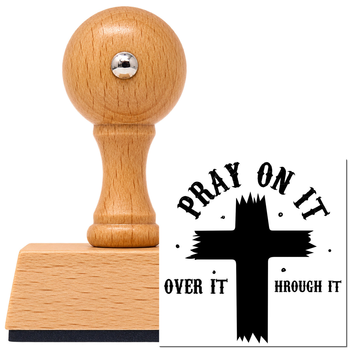 Vintage Pro beech wood stamp with a round knob handle, shown with its black Pray On It Brush Cross Arch imprint on white.
