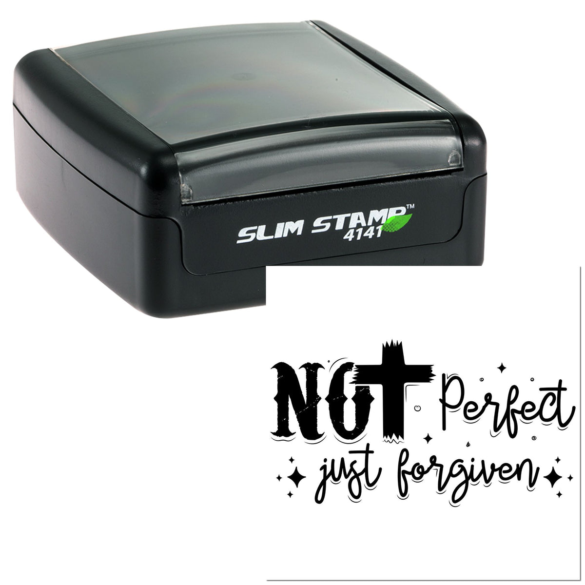 Black self-inking stamp with translucent gray lid, imprinting Not perfect, just forgiven with a cross design.