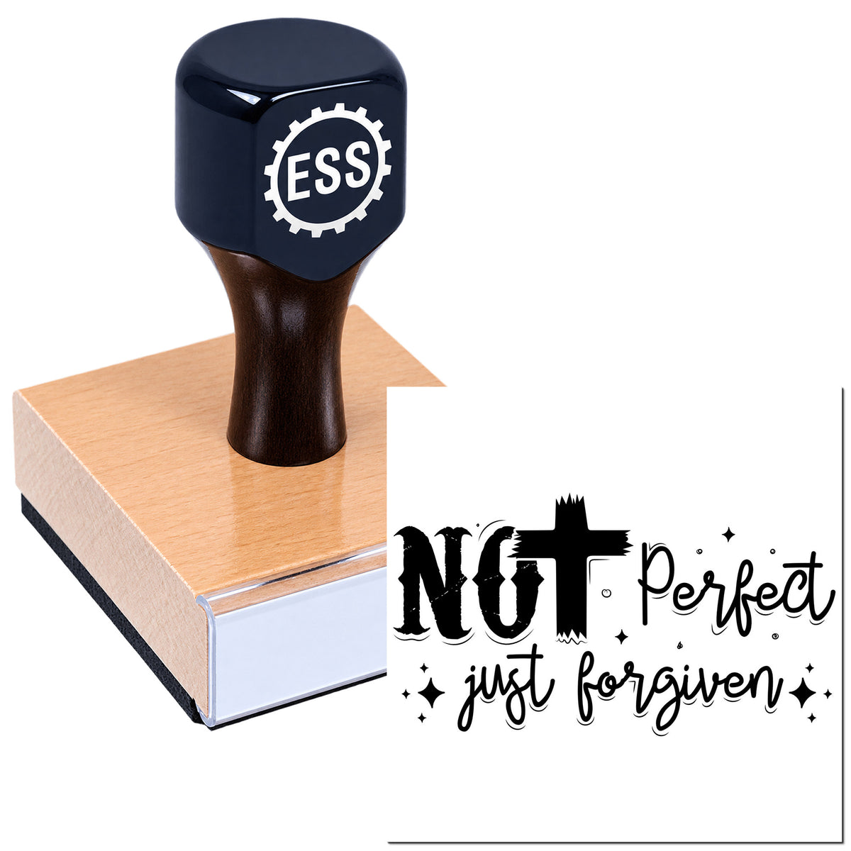 Black ESS self-inking stamp on a pink wooden seal block with a "Not perfect, just forgiven" design.