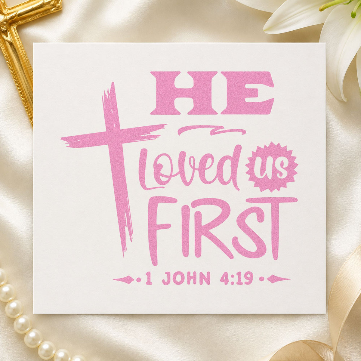 He Loved Us First craft stamp in purple ink on cardstock, an easy option for valentine exchange.