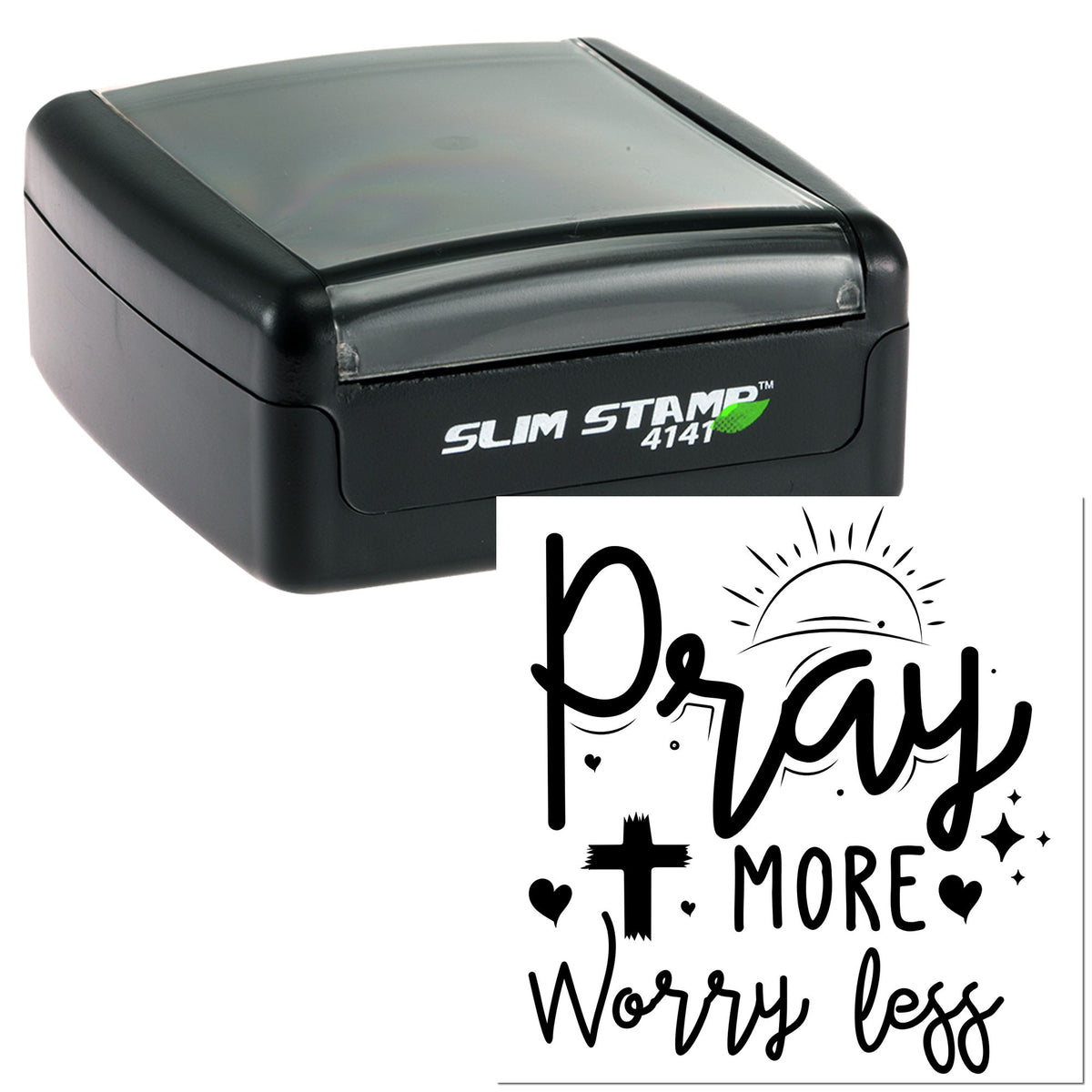 Black Slim Stamp 4141 self-inking stamp with a white seal design reading Pray more worry less, plus sun, hearts, and cross.