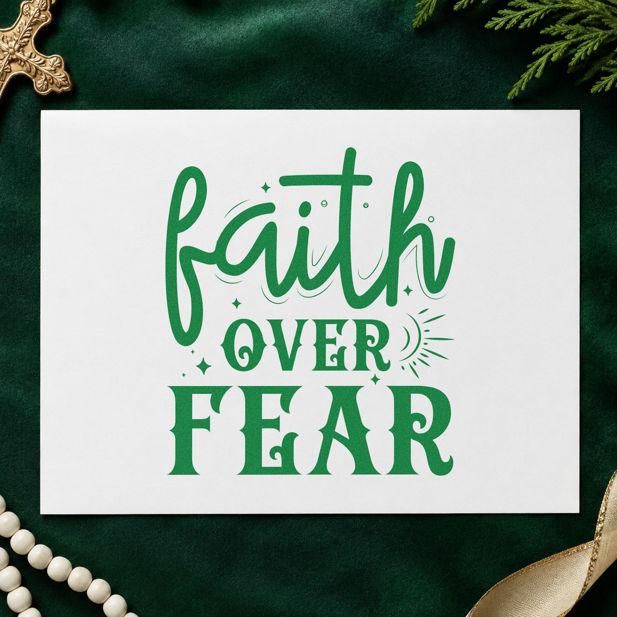 Faith over Fear Sunrise craft stamp imprint in green ink on a handmade project, one idea being first day notes.