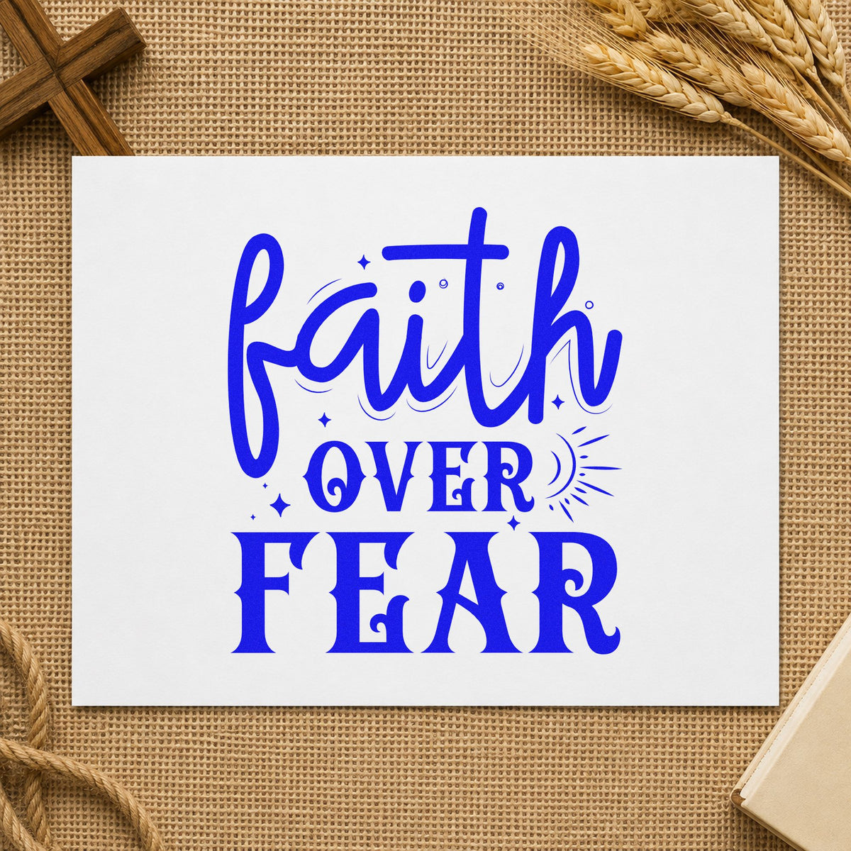 Faith over Fear Sunrise craft stamp imprinted in blue ink on paper, a design suited to mission trip tags.