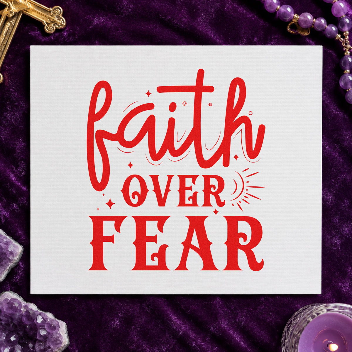 Faith over Fear Sunrise rubber stamp shown in red ink, stamped for projects such as stage fright notes.