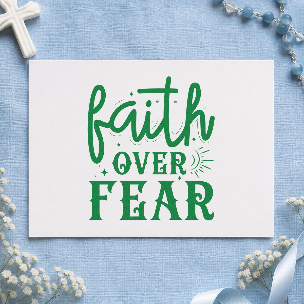 Faith over Fear Sunrise craft stamp imprint in green ink on a handmade project, one idea being framed bedroom art.