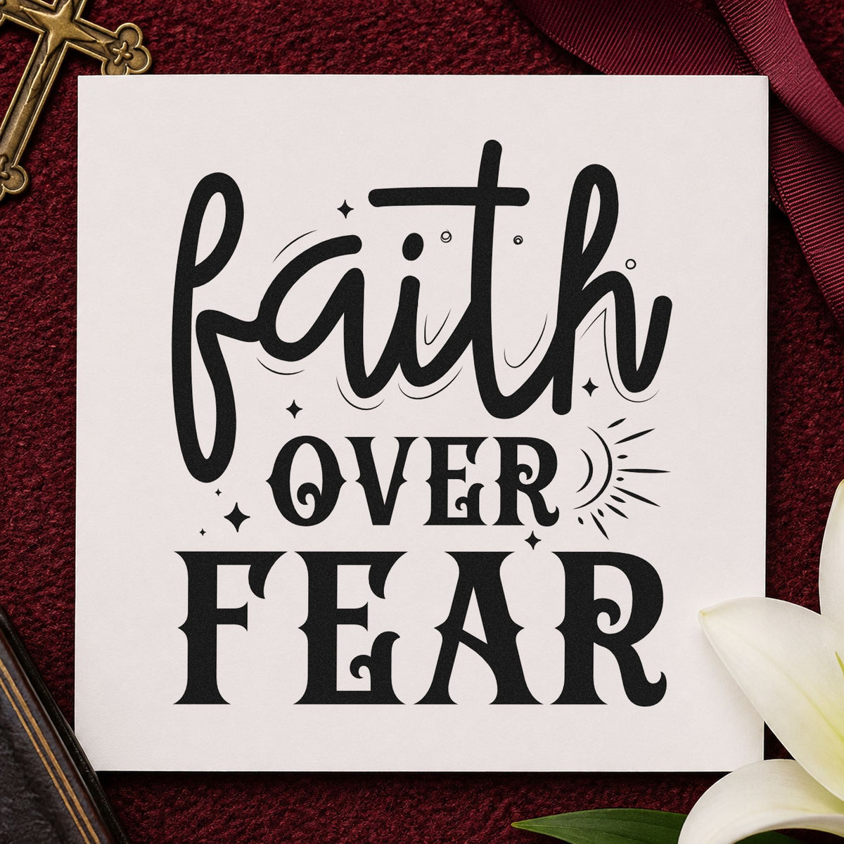 Faith over Fear Sunrise rubber stamp printed in black ink, ready for sunburst cards and similar paper crafts.