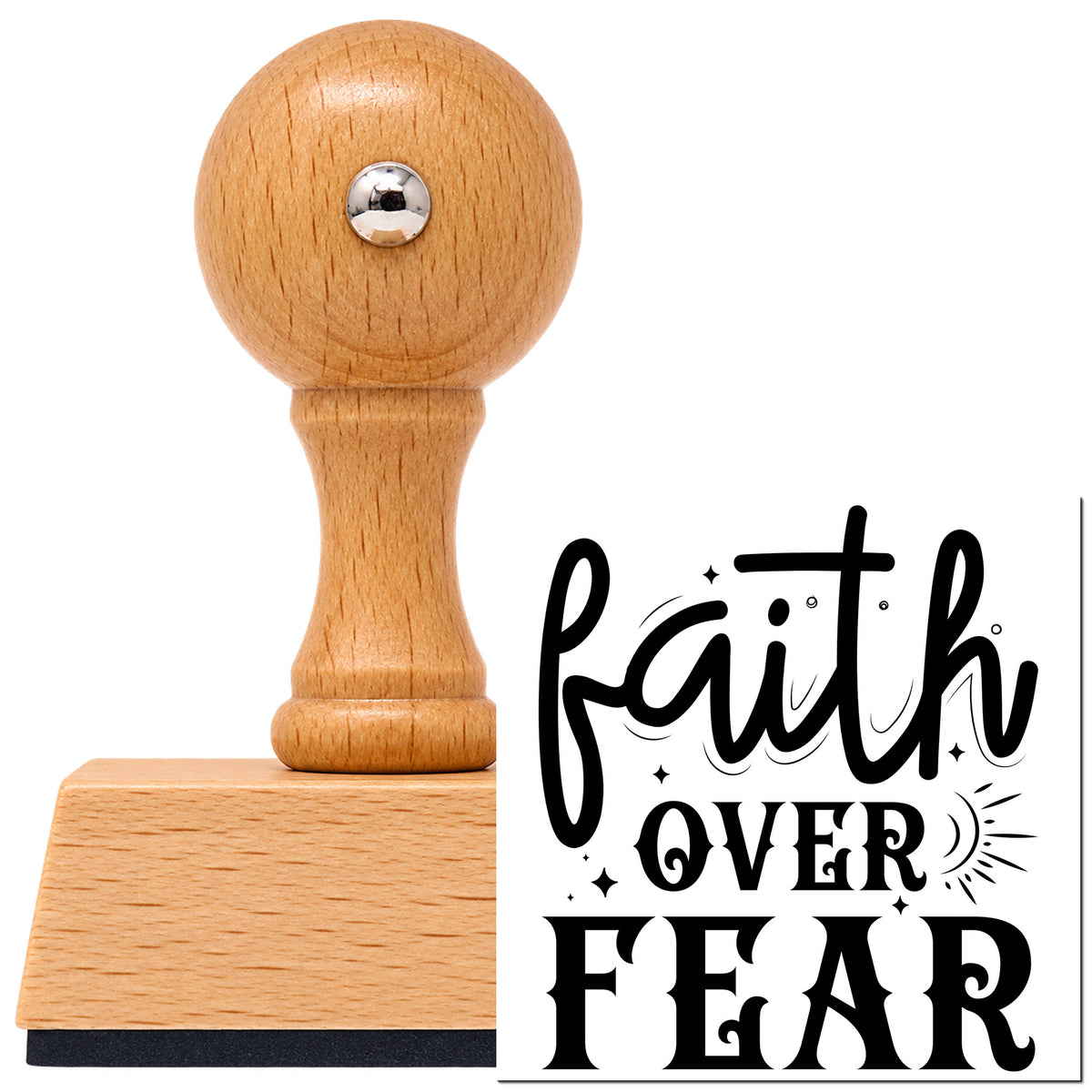 Vintage Pro beech wood stamp with a round knob handle, shown with its black Faith Over Fear Sunburst imprint on white.