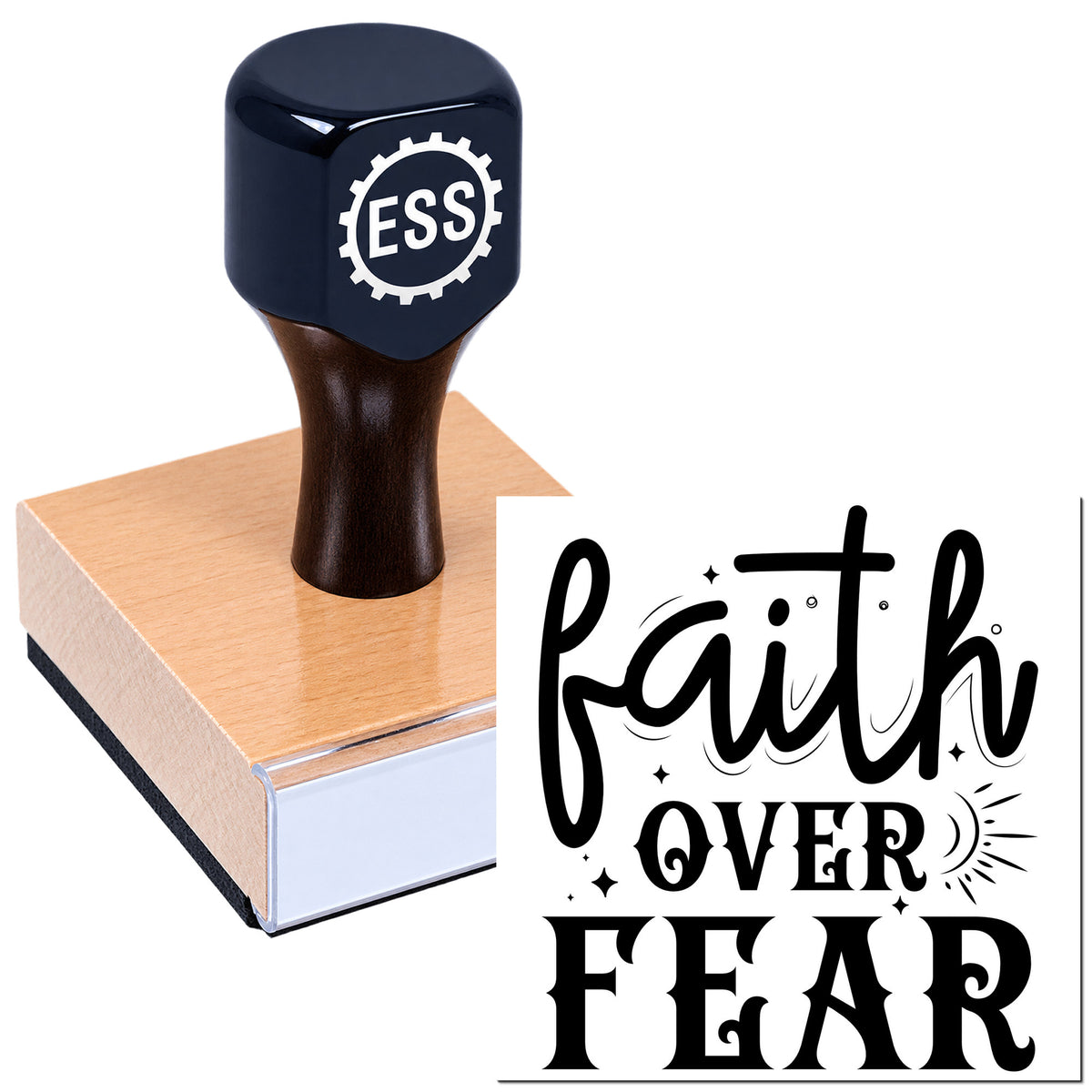 Custom navy ESS stamp and seal on a tan block beside black "faith over fear" design on a white background