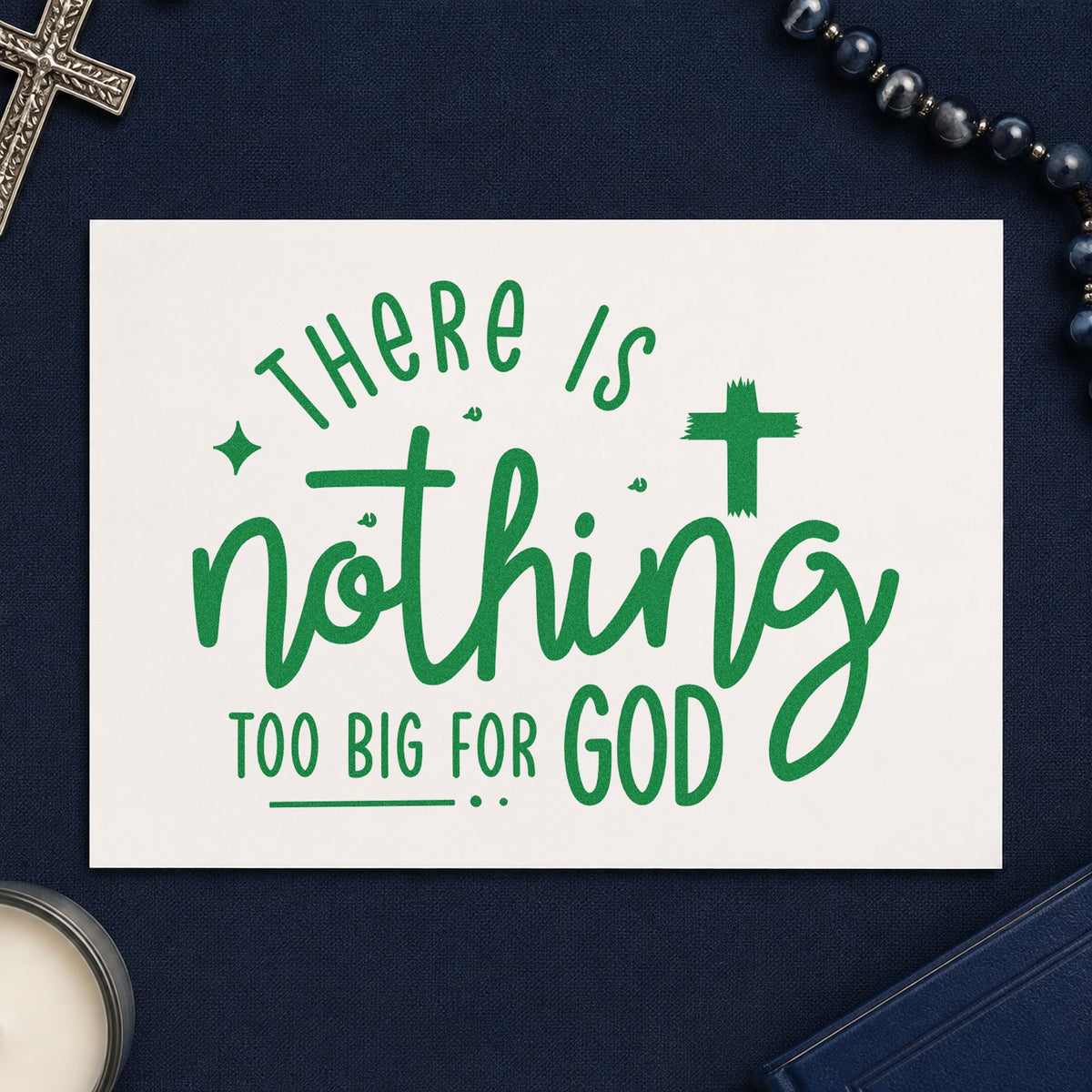 Nothing Too Big for God craft stamp imprint in green ink on a handmade project, one idea being kids' worry box lids.