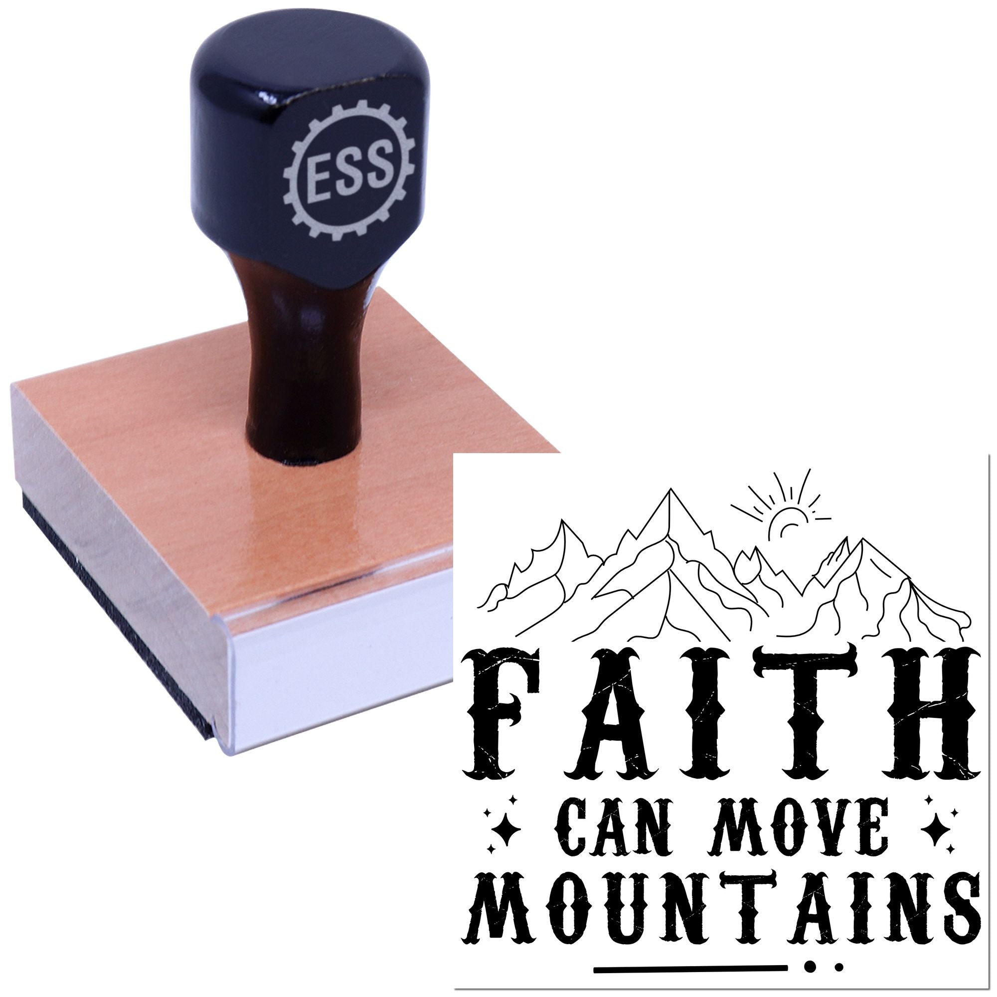 Dark blue self-inking stamp and seal on a wooden base, featuring mountain line art and Faith Can Move Mountains text.