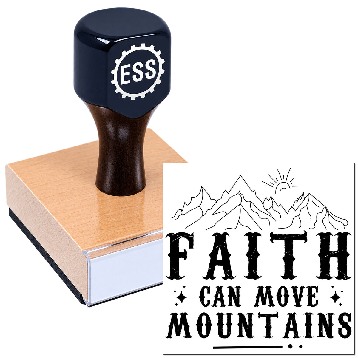 Dark blue self-inking stamp and seal on a wooden base, featuring mountain line art and "Faith Can Move Mountains" text.
