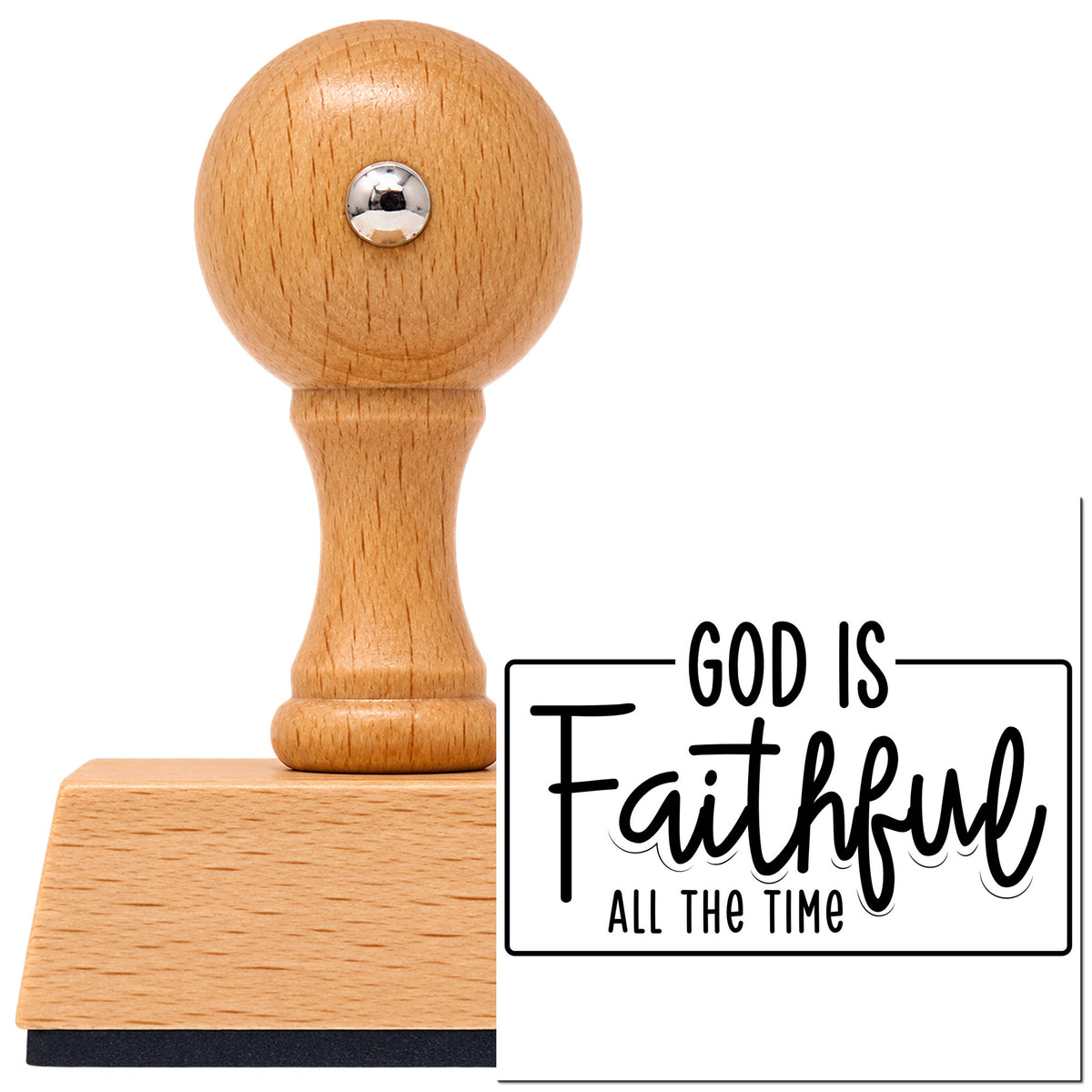 Vintage Pro beech wood stamp with a round knob handle, shown with its black God Is Faithful All The Time imprint on white.