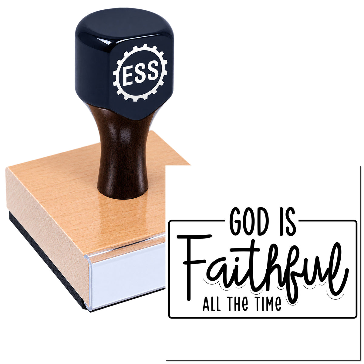 Black custom rubber stamp and wooden seal block with "God Is Faithful All the Time" text.