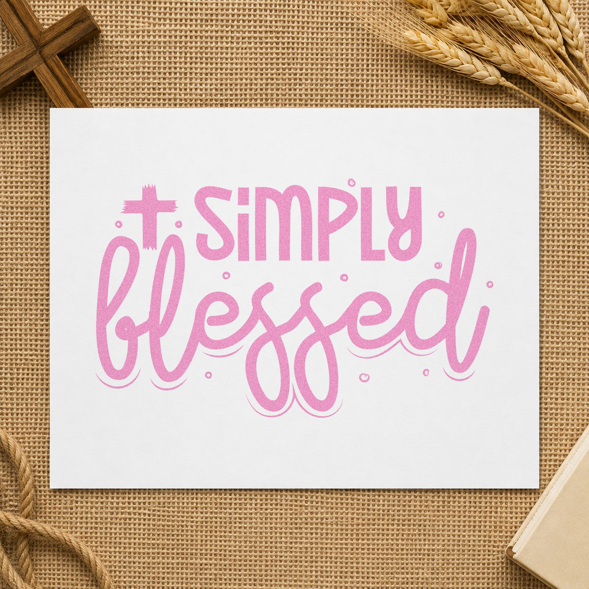 Simply Blessed Cross craft stamp in purple ink on cardstock, an easy option for thanksgiving place cards.