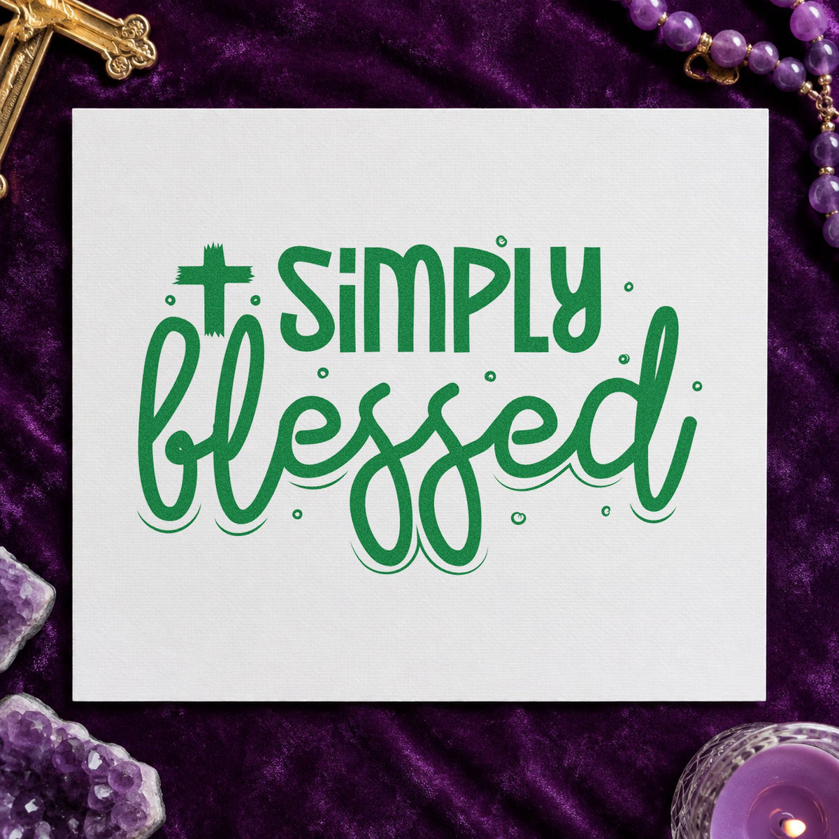 Simply Blessed Cross craft stamp imprint in green ink on a handmade project, one idea being bake sale labels.