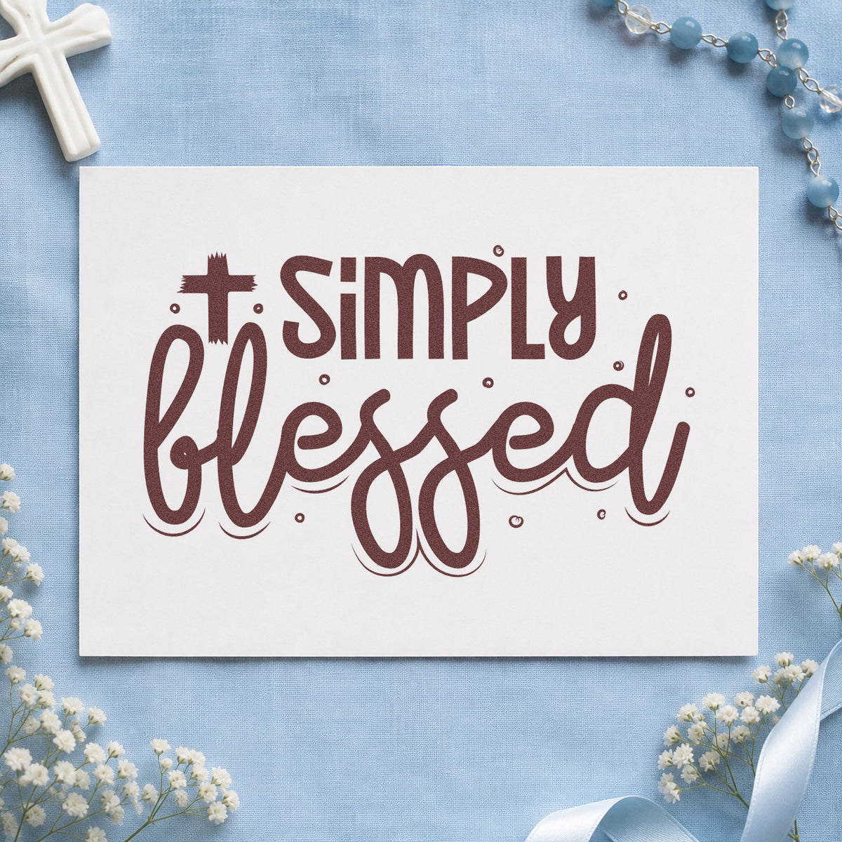 Simply Blessed Cross rubber stamp printed in brown ink, ready for gratitude pages and similar paper crafts.