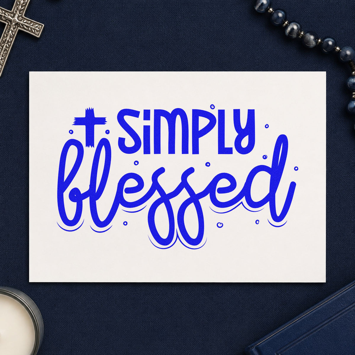Simply Blessed Cross craft stamp imprinted in blue ink on paper, a design suited to hostess gift tags.
