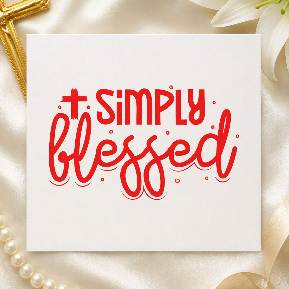 Simply Blessed Cross rubber stamp shown in red ink, stamped for projects such as farmhouse wall art.