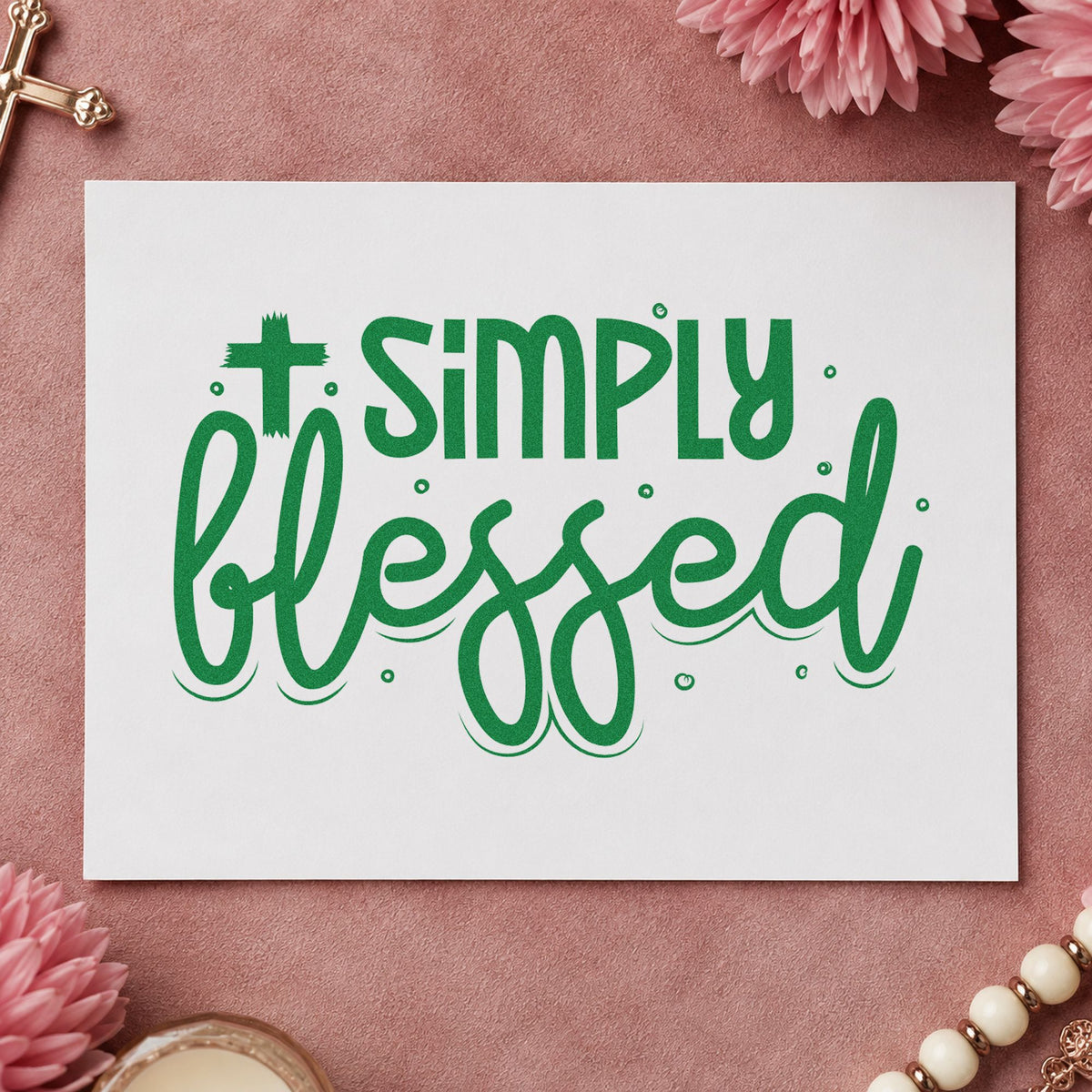 Simply Blessed Cross craft stamp imprint in green ink on a handmade project, one idea being mug wrap crafts.
