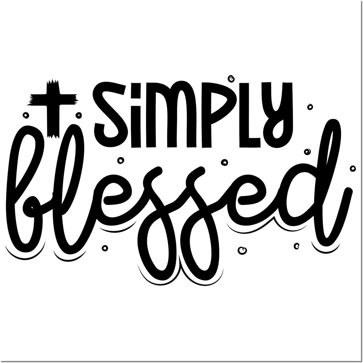 Black Simply Blessed stamp and seal design in bold decorative script on a white background.
