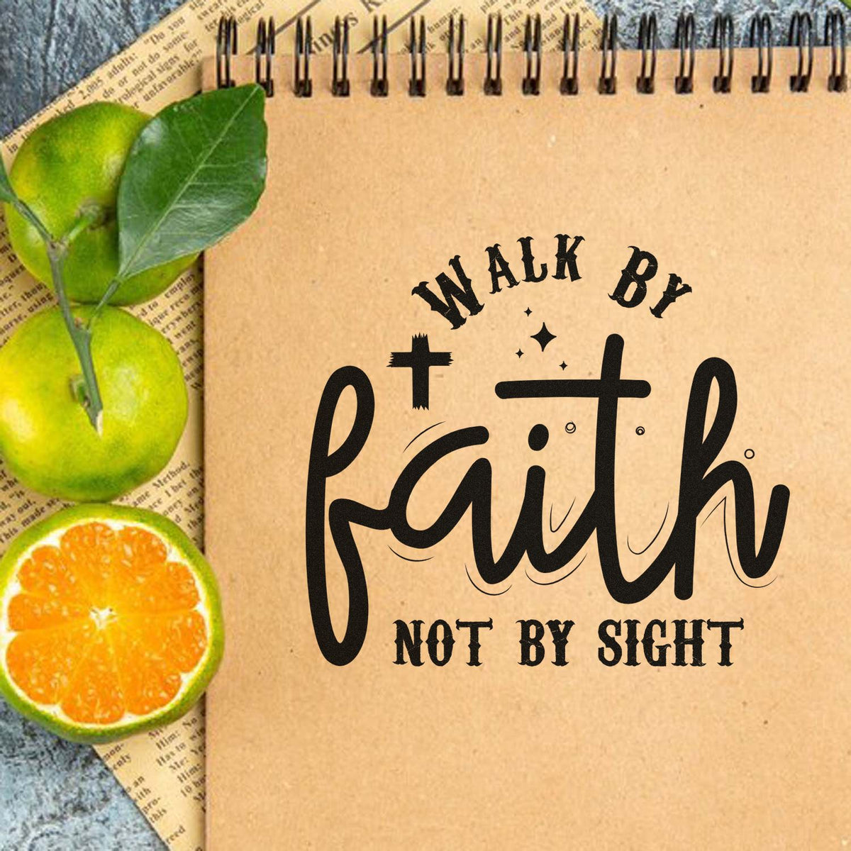 Walk By Faith, Not By Sight With Cross Stamp - Premium Vintage Pro Wooden imprint stamped in black ink. Crosses and sparkles accent "Walk by faith, not by sight," emphasizing large "Faith" script.