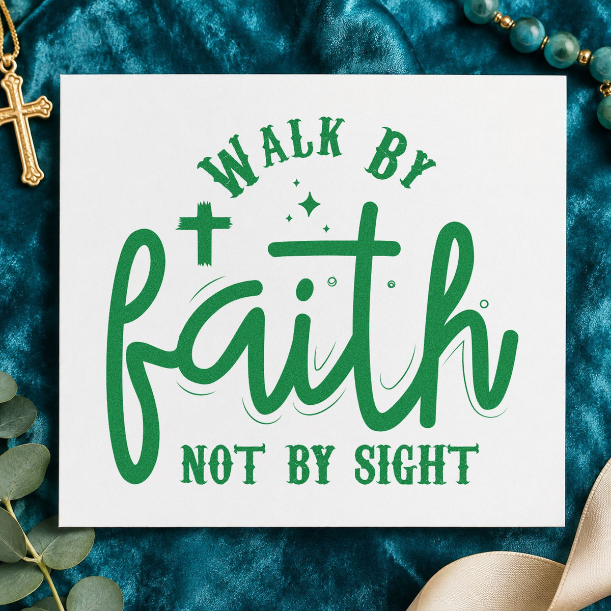Walk by Faith Not Sight craft stamp imprint in green ink on a handmade project, one idea being charity event signs.