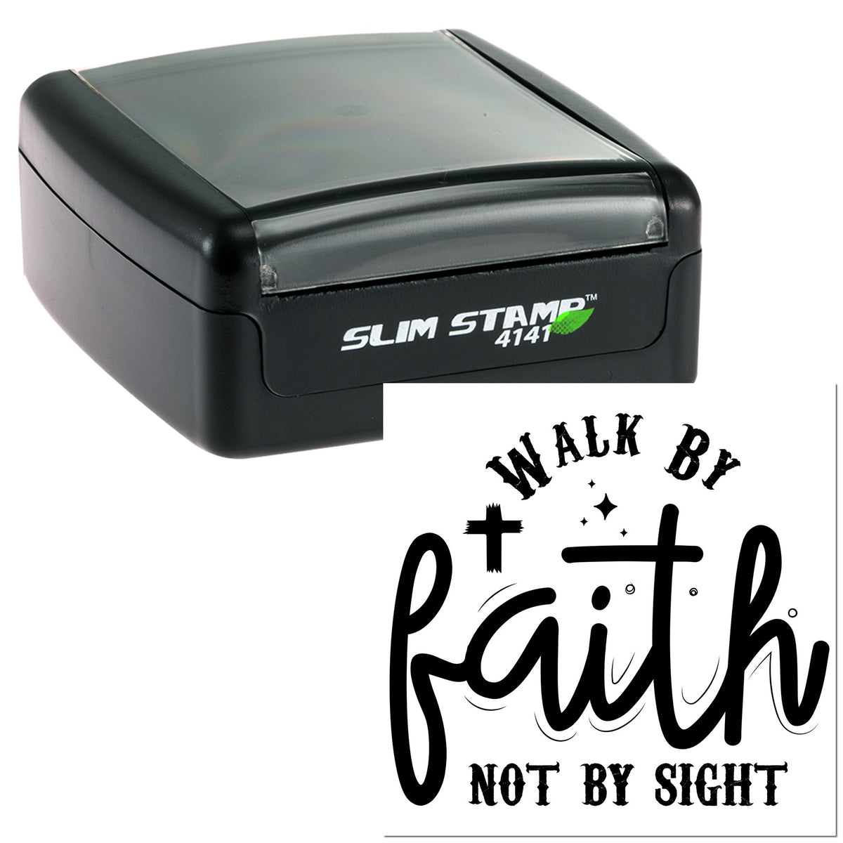 Black Slim Stamp self-inking seal with Walk by faith, not by sight text and cross design.