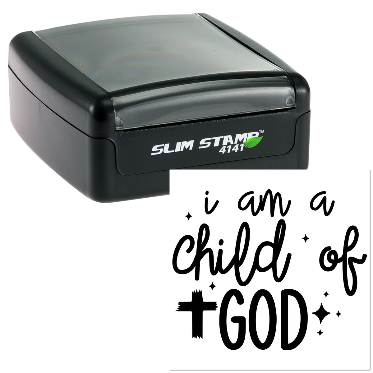 Black Slim Stamp 4141 self-inking stamp and white seal featuring i am a child of GOD in bold black script.
