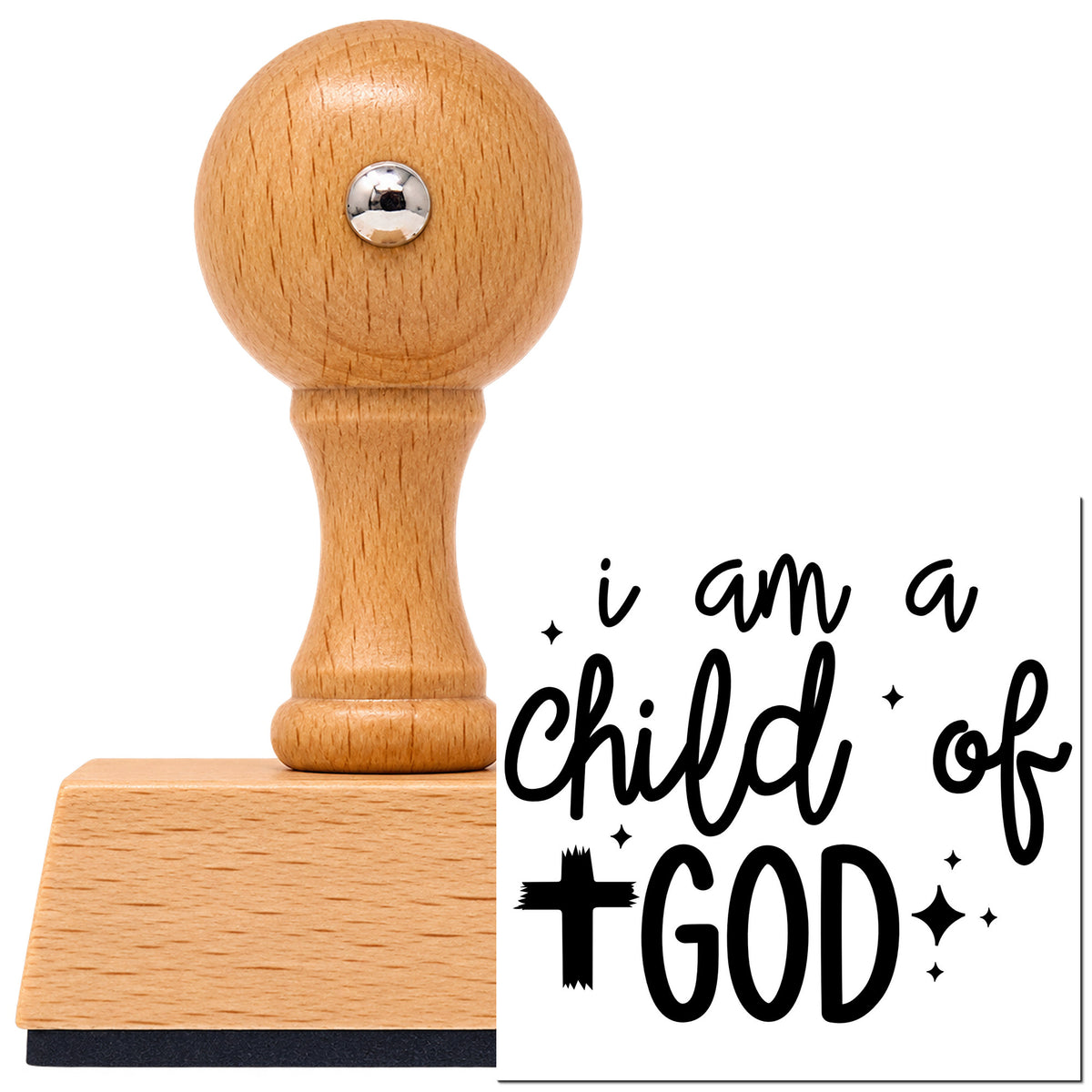 Vintage Pro beech wood stamp with a round knob handle, shown with its black I Am A Child Of God imprint on white.