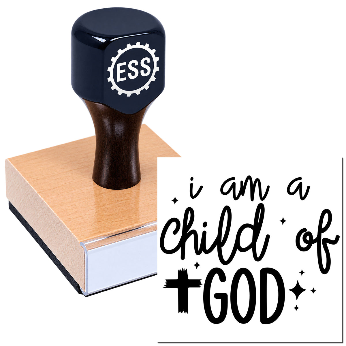 Black ESS stamp and seal with wooden handle, printing "i am a child of GOD" in bold black on white.