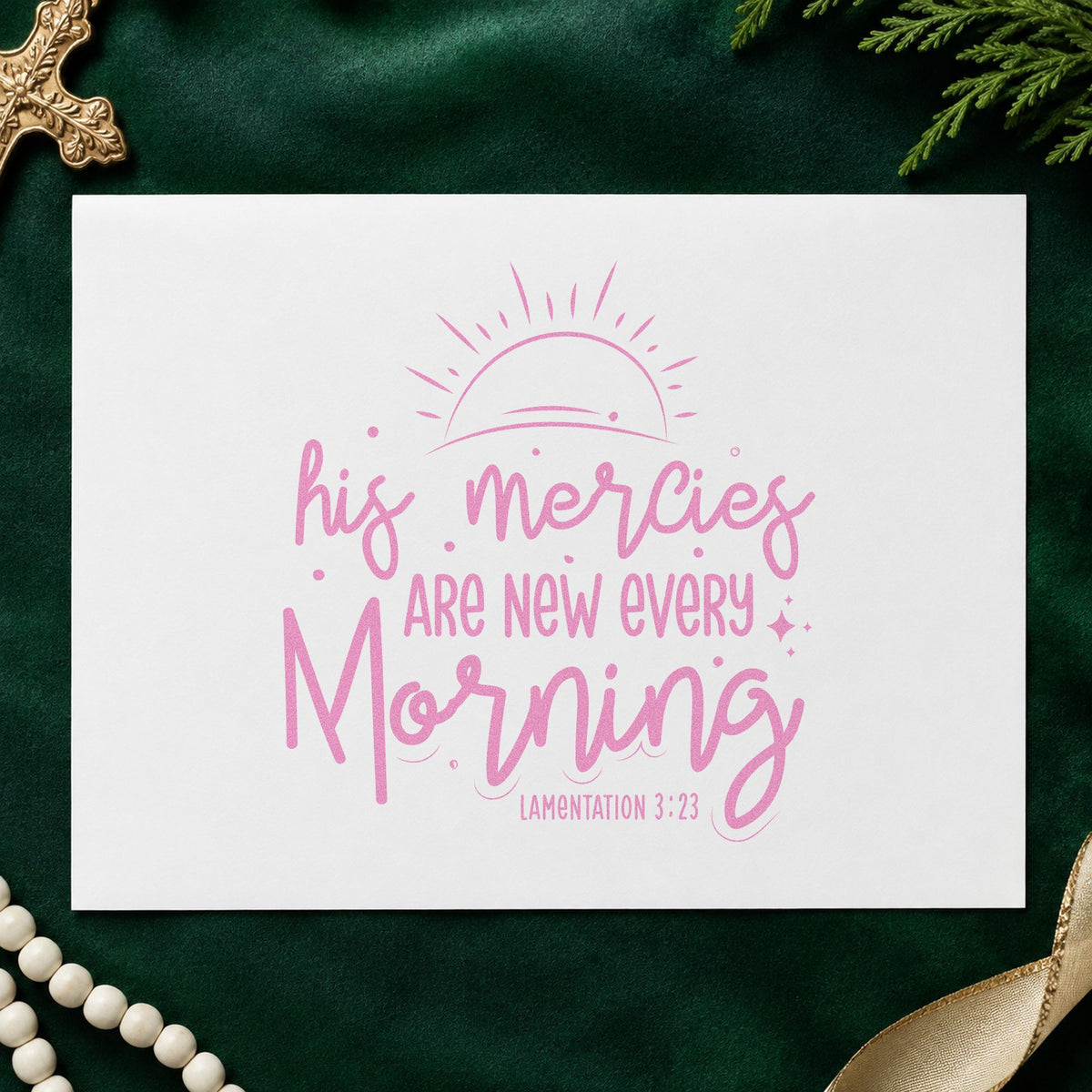 Mercies New Every Morning Sunrise craft stamp in purple ink on cardstock, an easy option for coffee gift tags.