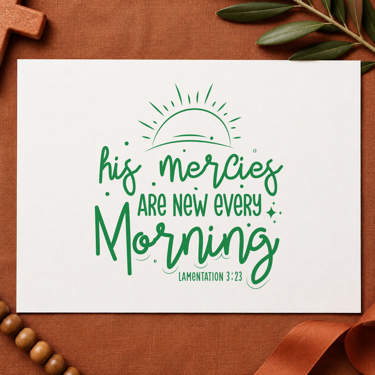 Mercies New Every Morning Sunrise craft stamp imprint in green ink on a handmade project, one idea being framed kitchen art.