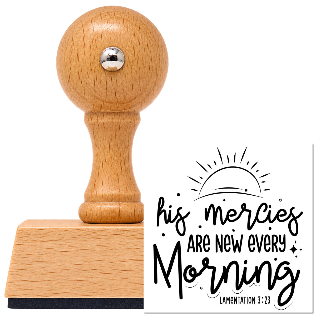 Vintage Pro beech wood stamp with a round knob handle, shown with its black Mercies New Every Morning Sunrise imprint on white.