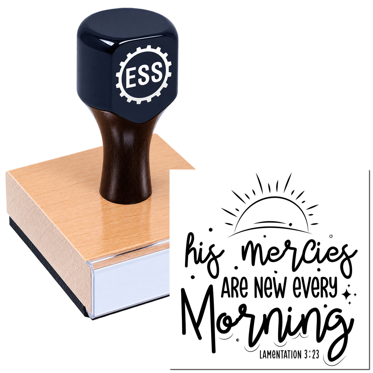 Dark blue custom stamp and seal with ESS gear logo, beside a black "His mercies are new every morning" sunrise design.