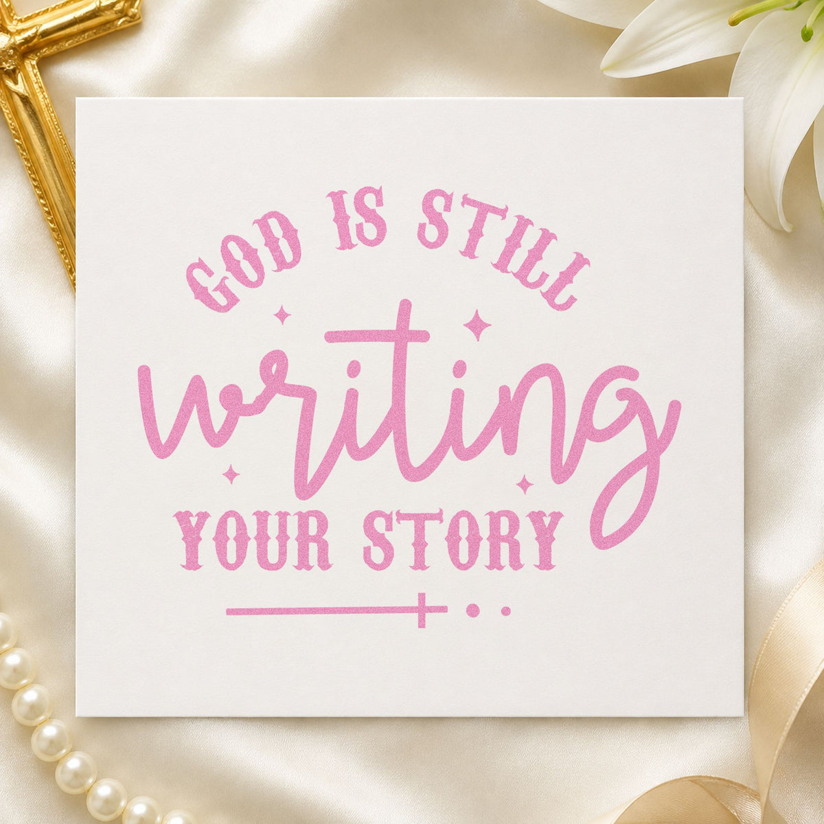 God Is Writing Your Story craft stamp in purple ink on cardstock, an easy option for author gift tags.