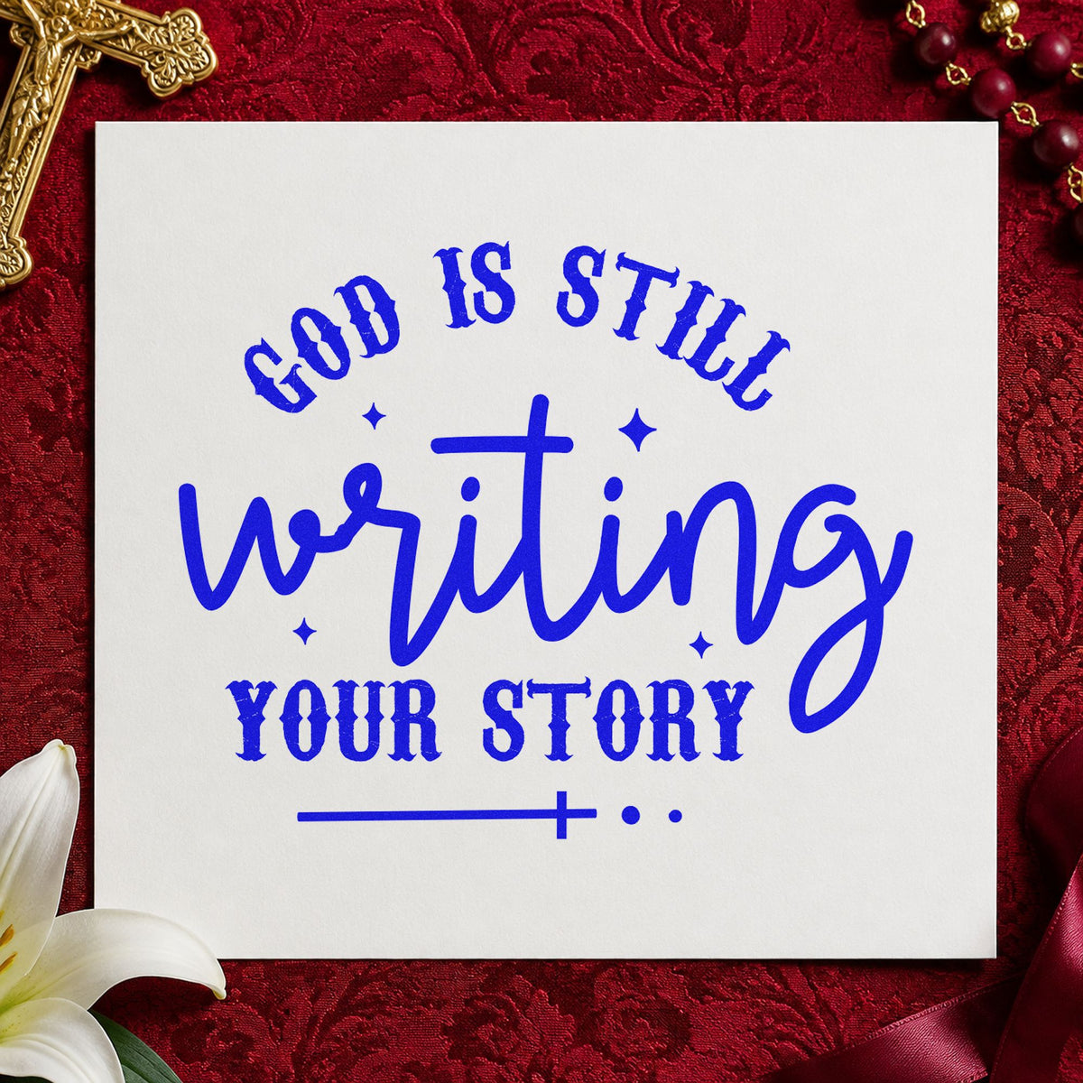 God Is Writing Your Story craft stamp imprinted in blue ink on paper, a design suited to book club gifts.