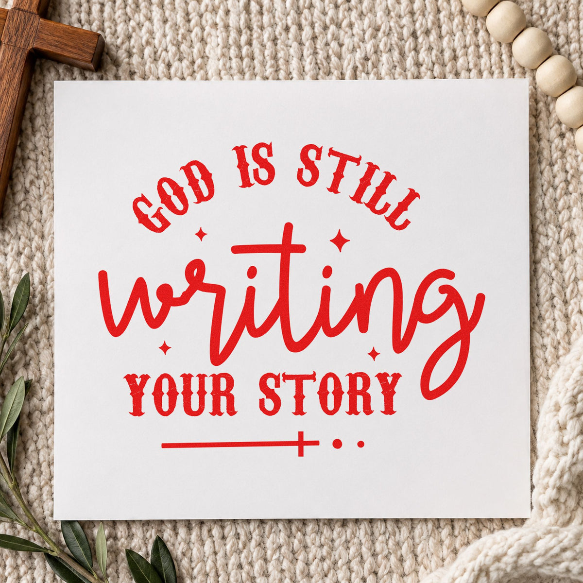 God Is Writing Your Story rubber stamp shown in red ink, stamped for projects such as divorce support notes.