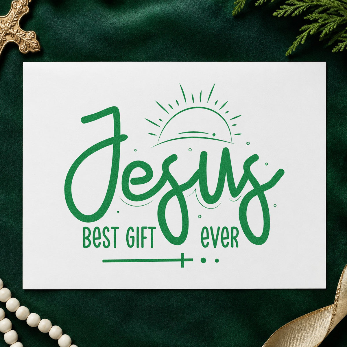 Jesus Best Gift Ever craft stamp imprint in green ink on a handmade project, one idea being advent calendar pages.