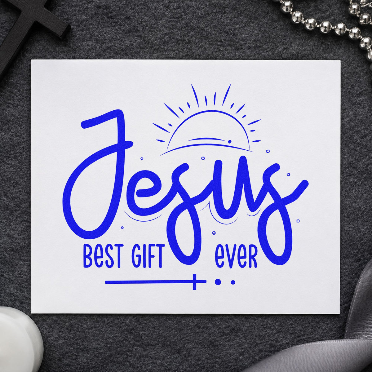 Jesus Best Gift Ever craft stamp in blue ink on cardstock, an easy option for sunrise service tees.