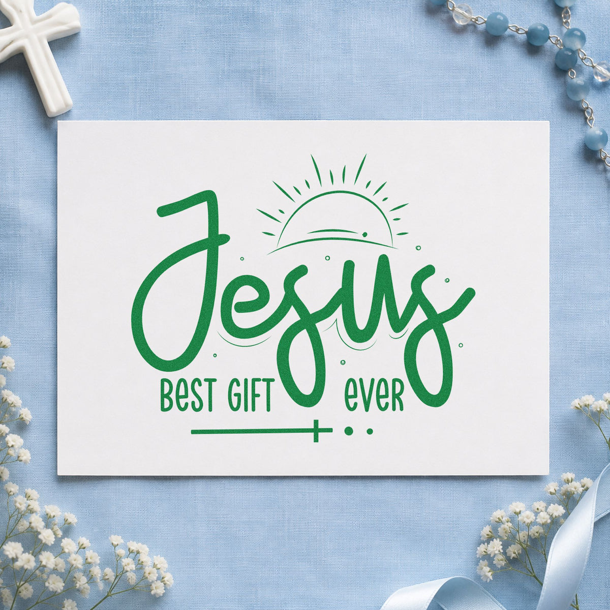 Jesus Best Gift Ever craft stamp imprint in green ink on a handmade project, one idea being framed mantel art.