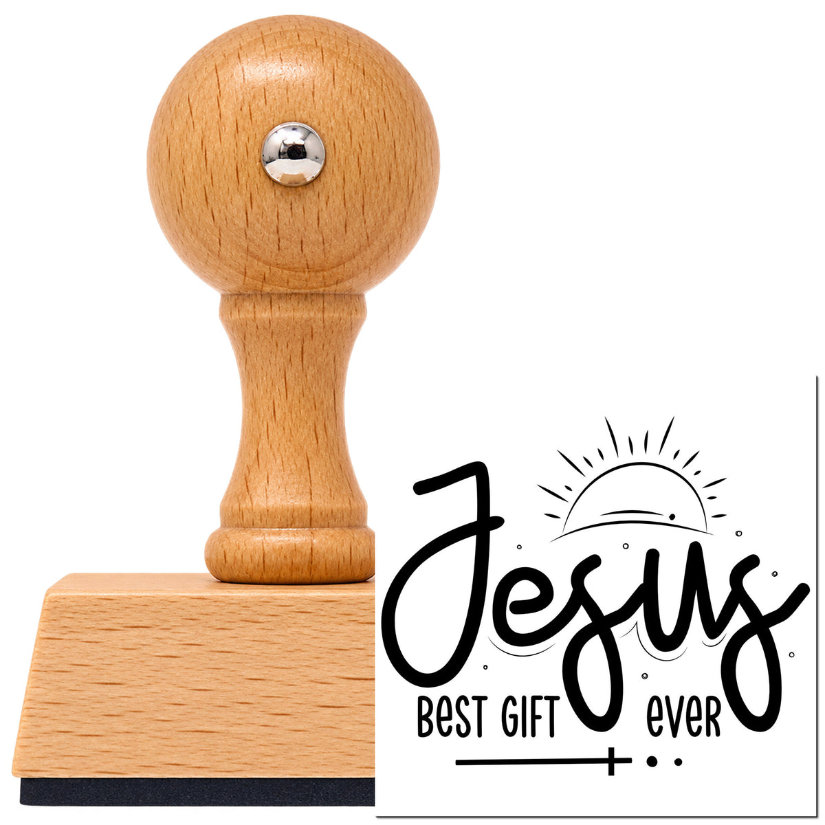 Vintage Pro beech wood stamp with a round knob handle, shown with its black Jesus Best Gift Ever imprint on white.